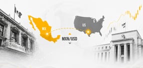 Representación del par cambiario MXN/USD conectando a México y Estados Unidos, con las fachadas del Banco de México y la Reserva Federal.