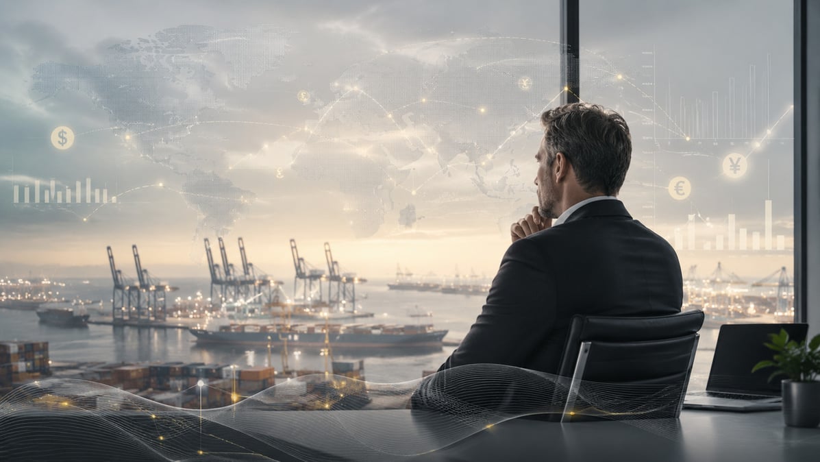 Ejecutivo corporativo observando un puerto de carga marítima con un mapa digital global y símbolos de divisas superpuestos.