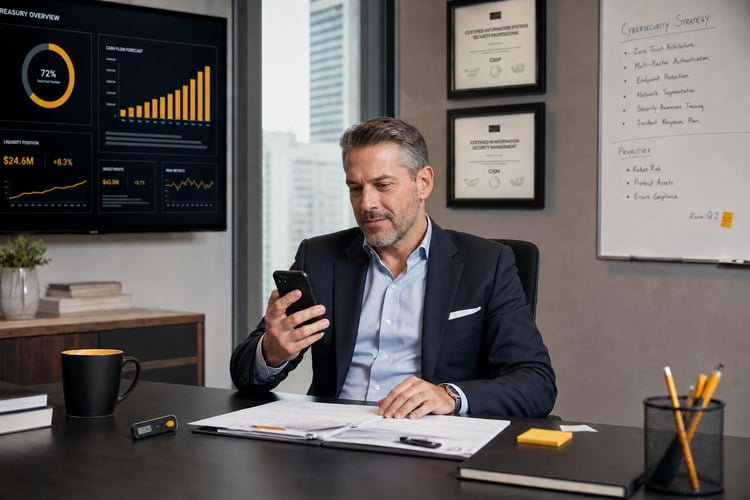 Tesorero corporativo gestionando operaciones en la Banca Digital desde un celular seguro para autorizar transferencias internacionales.