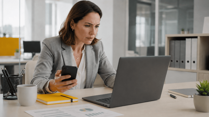 Una ejecutiva utilizando su teléfono móvil para verificar una solicitud de transferencia, aplicando la recomendación de confirmar cualquier cambio de cuenta bancaria por una segunda vía para evitar el fraude BEC.