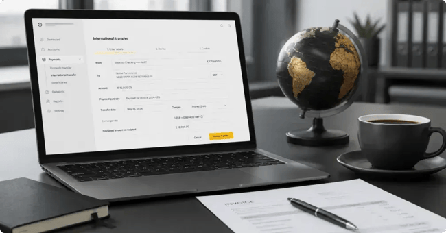 Toma de primer plano de una laptop en un escritorio mostrando un formulario de transferencia internacional en una plataforma de banca digital, junto con un globo terráqueo y documentos, detallando el proceso de envío de dinero al extranjero.