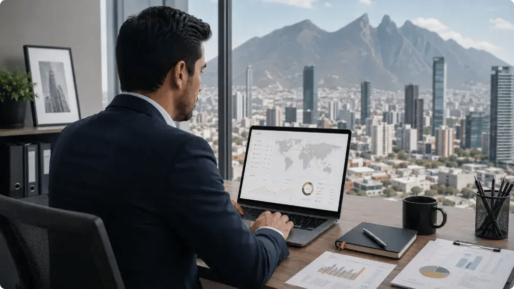 Hombre de negocios de espaldas en una oficina con vista a una ciudad y montañas (Monterrey), usando una laptop que muestra un mapa global y gráficos, simbolizando la visión empresarial internacional desde México.