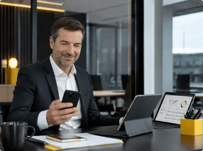 Ejecutivo de negocios en su escritorio, sonriendo mientras revisa su celular y usa una tablet, con una laptop al fondo mostrando datos de comercio global, reflejando la banca digital empresarial.