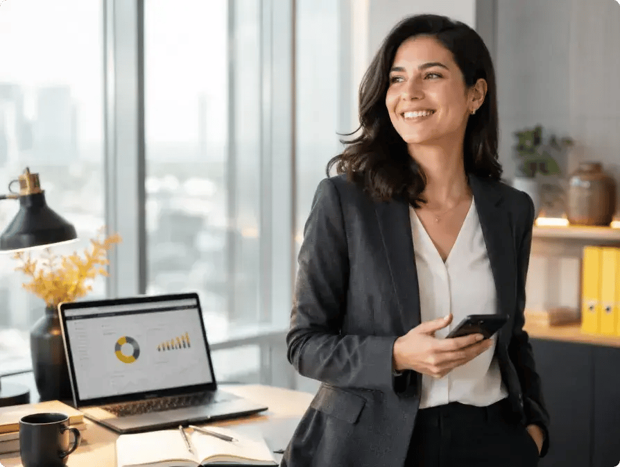 Empresaria sonriente en oficina moderna, con laptop que muestra gráficos financieros y sosteniendo un celular, ilustrando la gestión exitosa de tesorería.