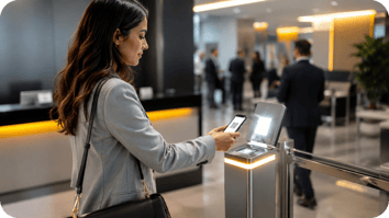 Profesional escaneando un código QR en un terminal público de acceso, potencial fraude financiero por Quishing.