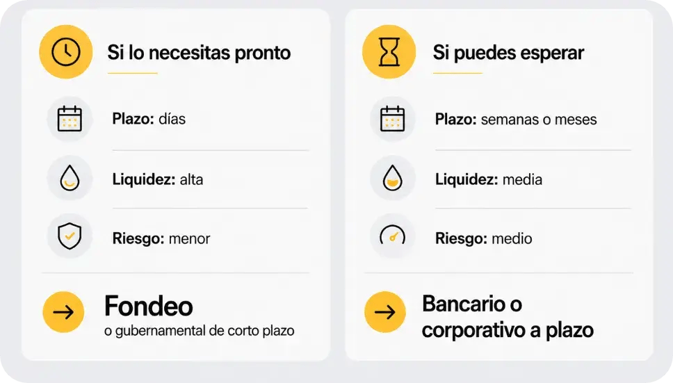 Infografía comparativa para tesorerías que ayuda a decidir entre instrumentos de fondeo gubernamental de muy corto plazo (alta liquidez, menor riesgo) e instrumentos bancarios o corporativos si se puede esperar semanas o meses (riesgo medio).