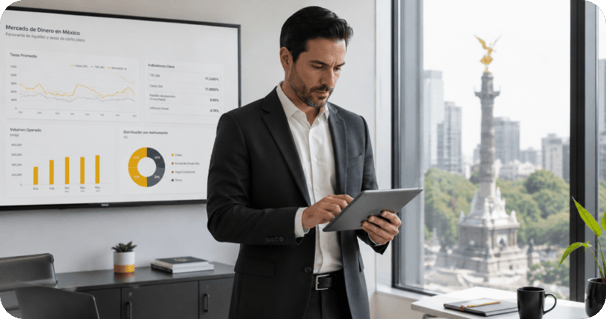 Un ejecutivo financiero analizando datos del mercado de dinero en México en una tableta y una gran pantalla de control, revisando tasas promedio, volúmenes de Cetes y TIIE para la toma de decisiones de inversión corporativa en Casa de Bolsa BASE.