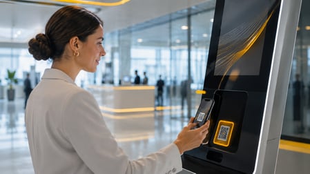 Escaneo de código QR potencialmente manipulado en tótem corporativo, riesgo de Quishing y robo de información