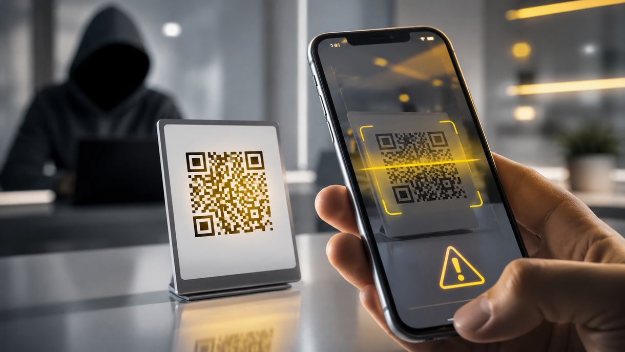 Smartphone mostrando alerta de estafa tras escaneo de código QR, con ciberdelincuente al fondo