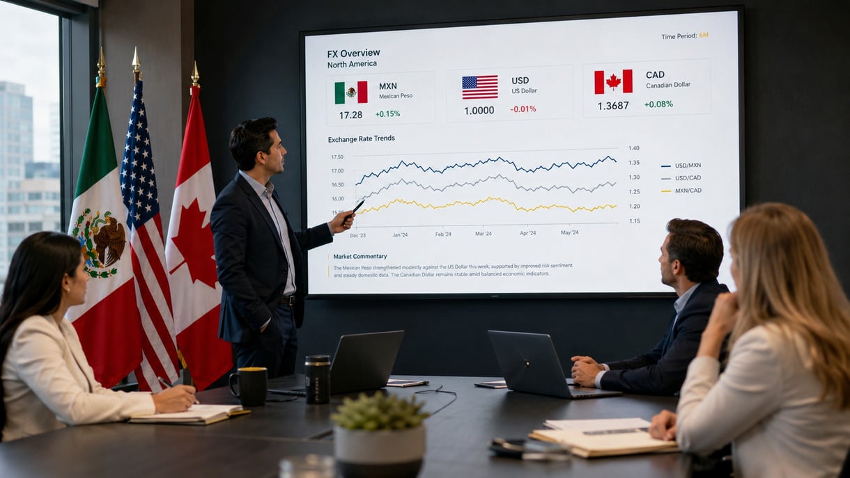 Asesor financiero exponiendo las tendencias cambiarias de Norteamérica frente a las banderas de México, Estados Unidos y Canadá, explicando el impacto de la revisión del T-MEC en la planeación cambiaria empresarial.